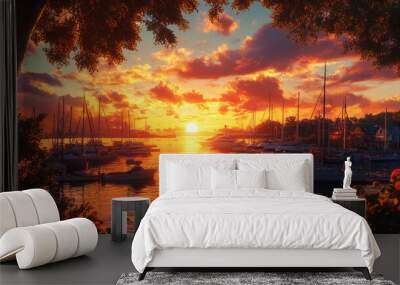 golden sunset over boats in a marina with palm trees and colorful sky Wall mural