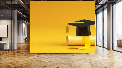 Graduation cap and diploma scroll with black mortarboard, yellow tassel and rolled certificate. 3D illustration depicting academic tuition, university or college education. Wall mural