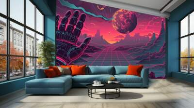 Graphic artwork of retro wave style posters with wireframe hand and planet globe, landscape shapes on gray background, retro futuristic vibes, 90s aesthetic flyers. Wall mural