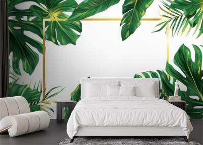 Green and gold tropical leaves on dark background, Premium card design, Luxury exotic botanical design, Wedding card, Tropical, Beauty, Hawaiian. Wall mural