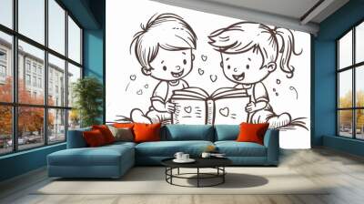 Hand drawn style modern doodle illustration of two cute children reading a book together. Wall mural