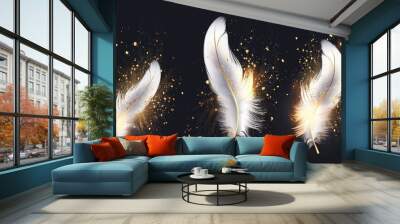 Icons set with realistic 3D modern illustration of white feathers and gold glitter, boho style birds' plumage and hackles with golden glitter, trendy design elements isolated on black background, Wall mural