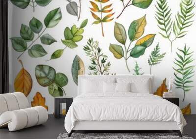 Illustration set with leaves and nature elements in watercolor Wall mural