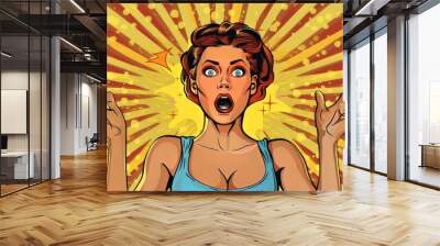 Image depicting a young attractive woman with her hands up and mouth open in Pop Art style Wall mural