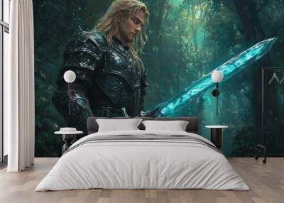 In a mystical forest, an Elf fantasy warrior holds a magical greatsword Wall mural