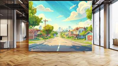 In a suburb district with residential houses and a city skyline, this cartoon illustration shows suburban cottages with garages, green trees and a road as part of a summer landscape. Wall mural