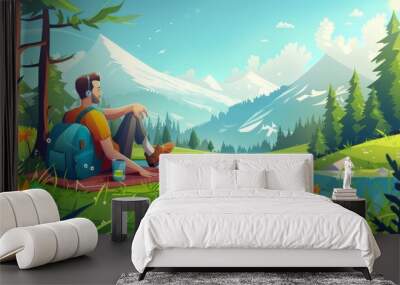 In a summer rural landscape with coniferous trees, grass, and a happy person with earbuds, a cup and a backpack, a man relaxes on a mat on a green meadow. Modern illustration of a summer rural Wall mural