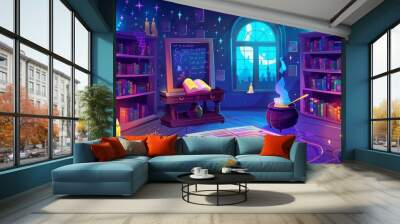 In an empty wizard classroom with a cauldron, glowing candles, and one magician's wand at night, there is an open book of spells, a chalkboard, and a couple of bookcases. Modern cartoon illustration Wall mural