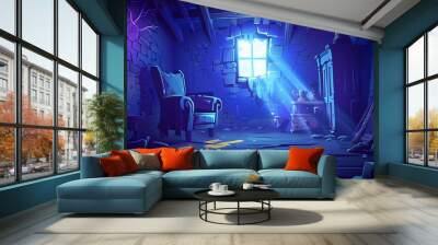 In an old abandoned attic house room at night, a cartoon halloween background with a moonlight beam going through the window. A dirty, dusty loft with stains on the armchair and drawers. Wall mural