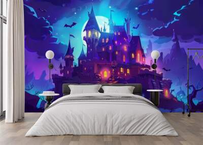 In the background you will see a creepy castle on rock at night, a haunted gothic palace in the mountains, with pointed roofs, glowing windows and bats flying in the dark sky. This is fantasy Dracula Wall mural