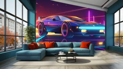 In the future, we will see futuristic retro cartoon cars with neon signs, lights, and dark backgrounds. Wall mural