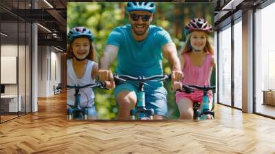 In the nature, a young family rides bikes together with their little children. Wall mural