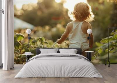 In the spring, a little girl stands in front of a raised garden bed, holding a metal watering can and caring for the vegetable garden. Wall mural