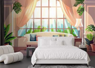 In this cartoon modern illustration of light and sunny living room interior with pillows on the sofa, lamps and side tables, green plants in pots, the sun is shining through a large window. Wall mural