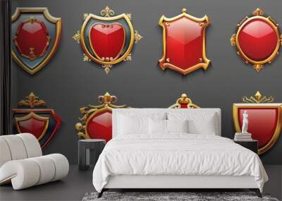 In this collection you will find medieval game menu interface badges, red UI frames, banners, gui elements. Royal buttons with ornate rims and glossy plaques. Cartoon modern borders for 2D games. Wall mural