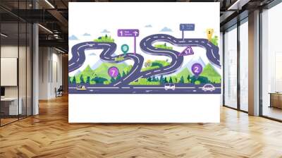 Infographic banner presentation. 7 steps business road map template. Illustrator cartoon illustration of a road and numbers. Introducing company milestones, the strategy for the future. Wall mural