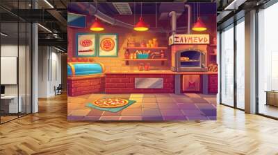 Interior of a pizza restaurant including an oven for baking, a display case filled with snacks and drinks, a menu wall banner, and cardboard boxes for taking orders. Cartoon modern set of pizza Wall mural