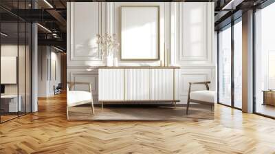 Interior of white living room with two armchairs, coffee table, dresser with artwork, and carpet on hardwood floor. Wall mural