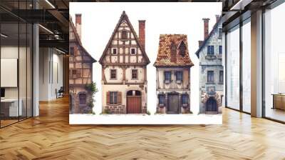 Isolated medieval german building clipart. Exterior of an ancient europe town cottage. A century-old Amsterdam house with a chimney. Collection of historical brick houses and cityscape architecture Wall mural