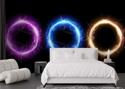 Isolated modern realistic digital portals with sparking electrical discharge isolated on black background with electric lightning rings and colored glow effects. Wall mural