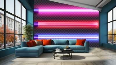 Isolated neon tube with blue glow modern on transparent background. Realistic 3D light laser stripe bulb in red and purple colors. Flash lazer shine at night illustration. Wall mural