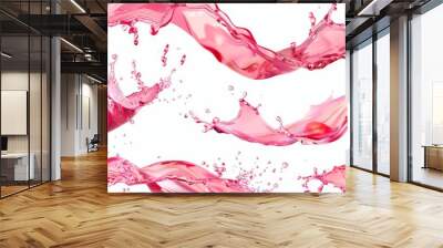 Isolated splash of juice or pink water on transparent background. Realistic modern set of liquid waves of falling and flowing translucent red drink, strawberry or berry juice, rose wine. Wall mural