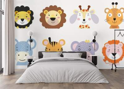 Isolated white background with cute safari animals. Wall mural