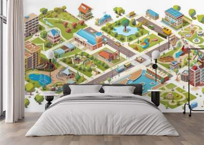 Isometric city map of modern town with eco park, kids playground, hotel or office building with restaurant. Modern illustration showing urban architecture and vehicles on the streets. Wall mural