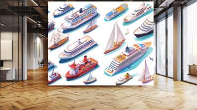 Isometric commercial sea ships, yacht, barge, cruise and sailing boats vector illustration Wall mural