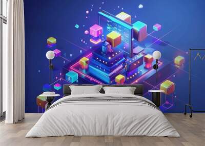 Isometric landing page for data classification, system of electronic databases in businesses. Colourful dots and files grouped by relevant categories. 3d Modern web banner. Wall mural