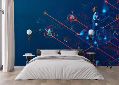 It's an isometric landing page using beacon technology, an internet of things, communication network, exchange and share information, wireless connection, Internet of things. 3d modern line art web Wall mural