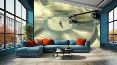 It shows a close-up of the stylus meticulously navigating the grooves of a spinning vinyl record, emphasizing the intricate details and the culture of vinyl music listening. Wall mural