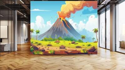 Jurassic period landscape with volcanic eruption. Cartoon modern illustration scenery with volcano mountain, smoke cloud, rocks, palm trees and grass. Wall mural