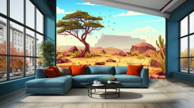 Landing page for a safari tour in Africa, featuring rocks, tropical trees, plants and grass. African landscape with stones, dunes, tumbleweed and plants. Wall mural