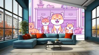 Landing page for adoption of pets for homes, zoo market displays of cute korgi and shiba inu puppies. Petcare and love to animals concept. Wall mural