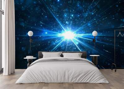 Light animation art with flickering golw blue star optical lens flares on black background. Lighting lamp rays effects dynamic bright video footage. Wall mural