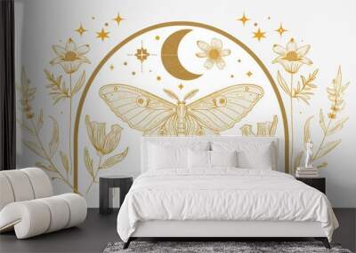 Logos and frames with esoteric lines. Boho arch frame with celestial moth, moon, and flower. Mystical modern illustration. Wall mural