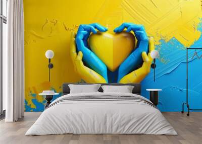 Love hands gesture with heart and Ukrainian flag. 3D illustration showing human arms making heart symbols and Ukrainian flag. Concept of care, support peace, 3D render illustration. Wall mural