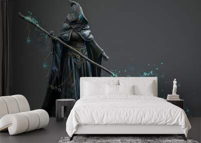 Magician clad in fantasy posing with staff. 3D render. Wall mural