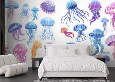 Marine underwater jellyfish, ocean sea transparent creatures vector isolated illustration set Wall mural