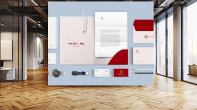 Medical cross lines logo corporate branding on red background. Corporate identity for medical firm and hospital. Health care company vector template. Realistic top view mock up mega pack. Wall mural