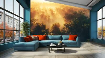 misty forest sunrise - golden light and lush green trees in the morning fog Wall mural