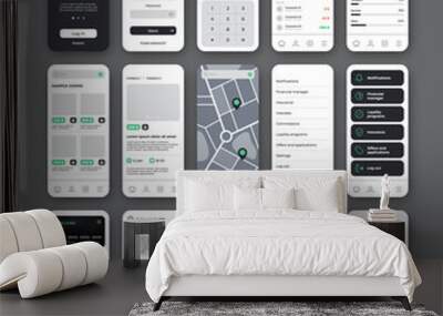Mobile application UI UX template. 
Universal screens with welcome, login, main menu, chat, chart, credit cards list and map. UI elements for design mobile banking or shop. Wall mural