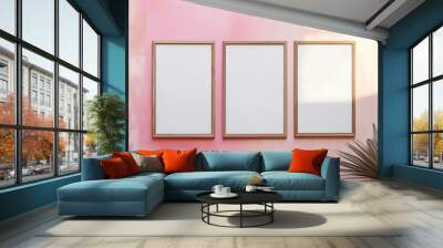 Mockup of a wooden frame on a pink and white wall, a 3D image of the frame Wall mural