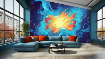 Modern background illustration of a dynamic blue fire comic. Abstract flame texture vortex frame illustration. Pop design with explosions and focus space. Gas fuel glow light pattern background. Wall mural