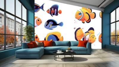 Modern cartoon fish for aquarium game. Happy underwater characters isolated on a white background. Collection of tropical sea animals with face and mouth. Wall mural