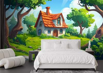 Modern cartoon illustration of a country house in a green summer forest. A nice farmhouse in the shade on the edge of a glade surrounded by trees, green grass, and stones. Wall mural