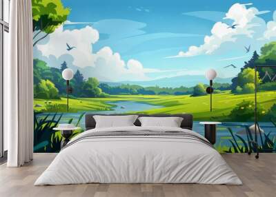 Modern cartoon illustration of a summer landscape with brook, bushes, clouds and flying birds. The scene includes a spring lawn on the river bank, clouds, and birds. Wall mural