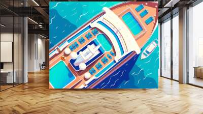 Modern cartoon illustration of big cruise ship for ocean trip with swimming pool on deck for summer vacation. Luxury passenger liner for summer vacation and sea travel. Wall mural