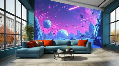 Modern cartoon illustration of cosmic adventure game universe with alien planets floating in the sky, comets with neon lights, rocky meteorites, stones falling. Wall mural